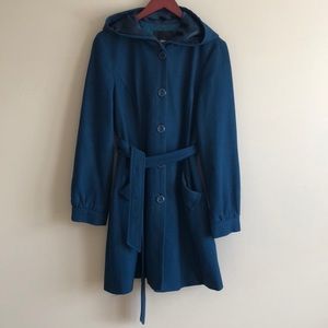 Teal Pea Coat with Hood & Belt